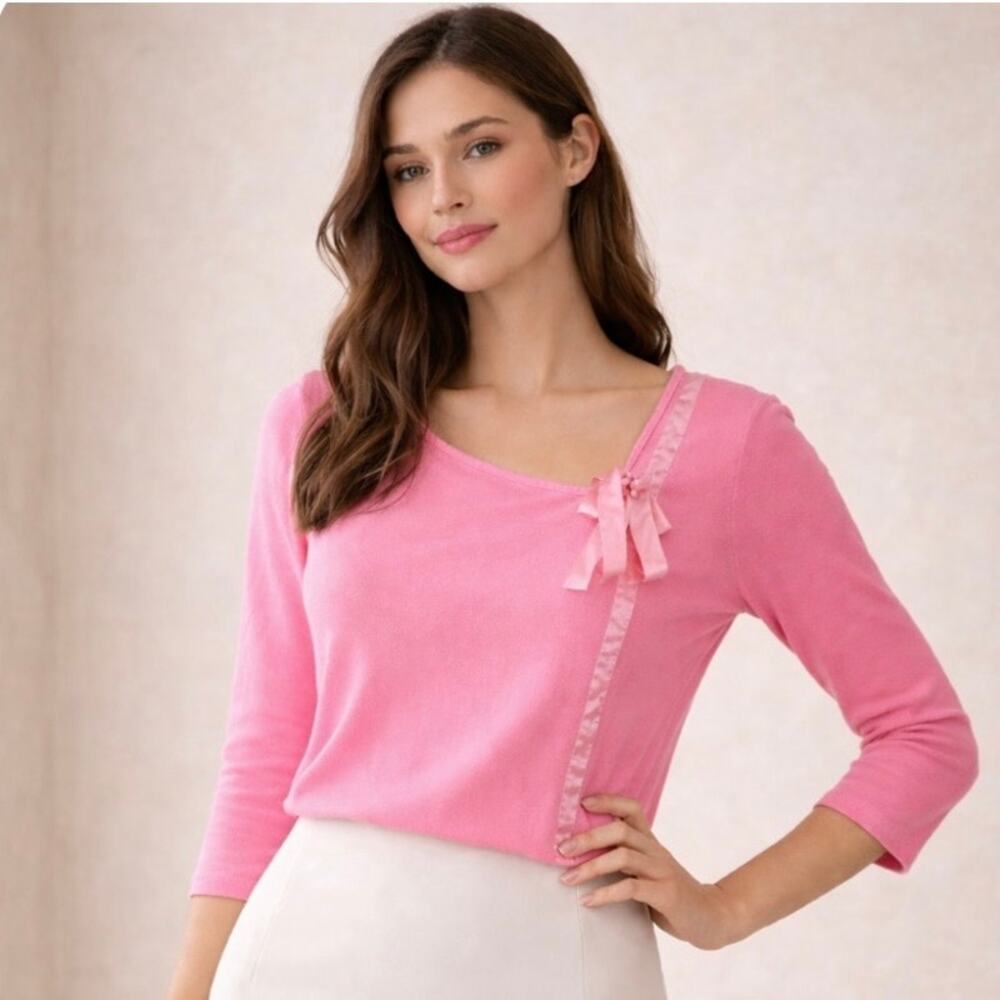 Vintage Du Jour Pink Ribbon Trim Knit Top Bow Detail Feminine Y2K Style